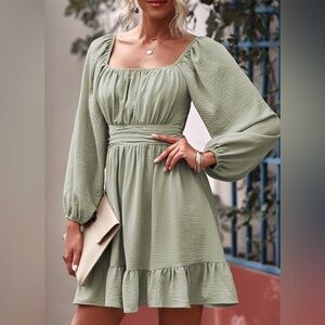 Lantern Sleeve Square Neck Long Sleeve Dress